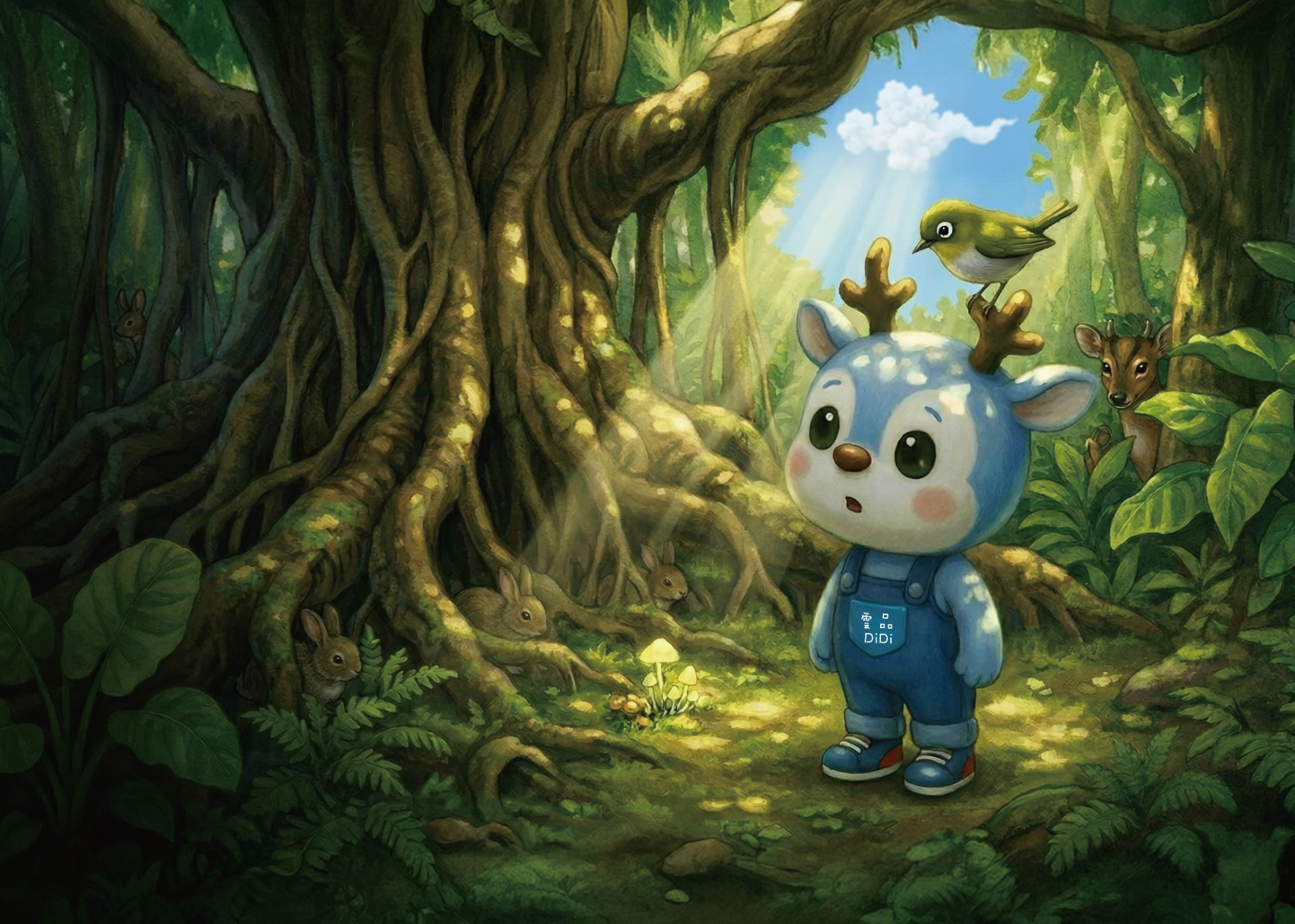 DiDi 站在榕樹根旁，綠繡眼停在他的鹿角上